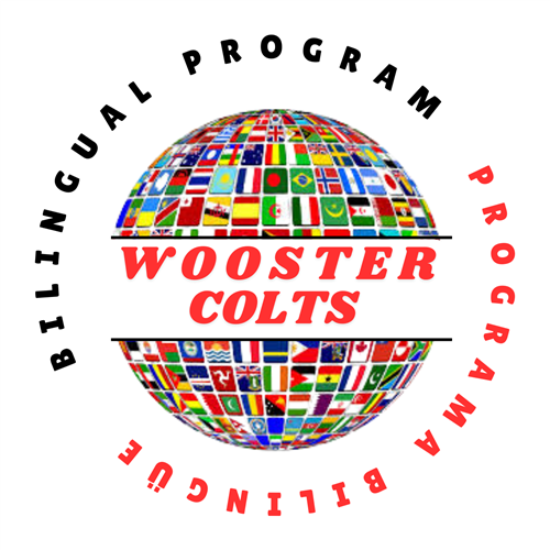 Globe with world flags. Words: Bilingual program and Wooster Colts around the side and in the middle